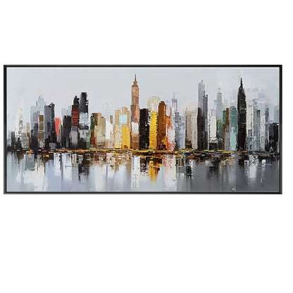 New York City skyline textured canvas wall art with gray and orange tones