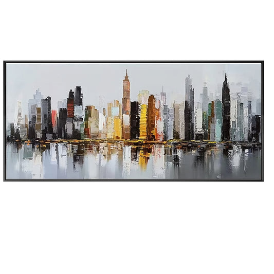 New York City skyline textured canvas wall art with gray and orange tones