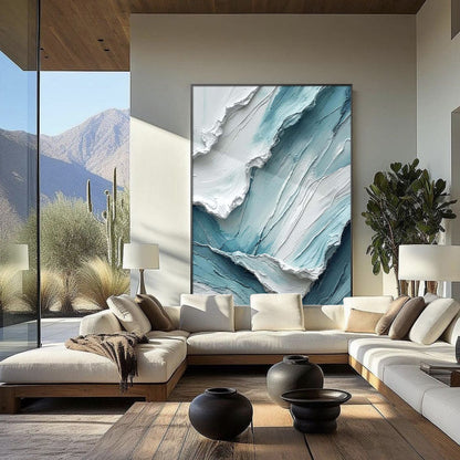 Hand-painted ocean-inspired canvas featuring aqua blue and white textured brushstrokes.