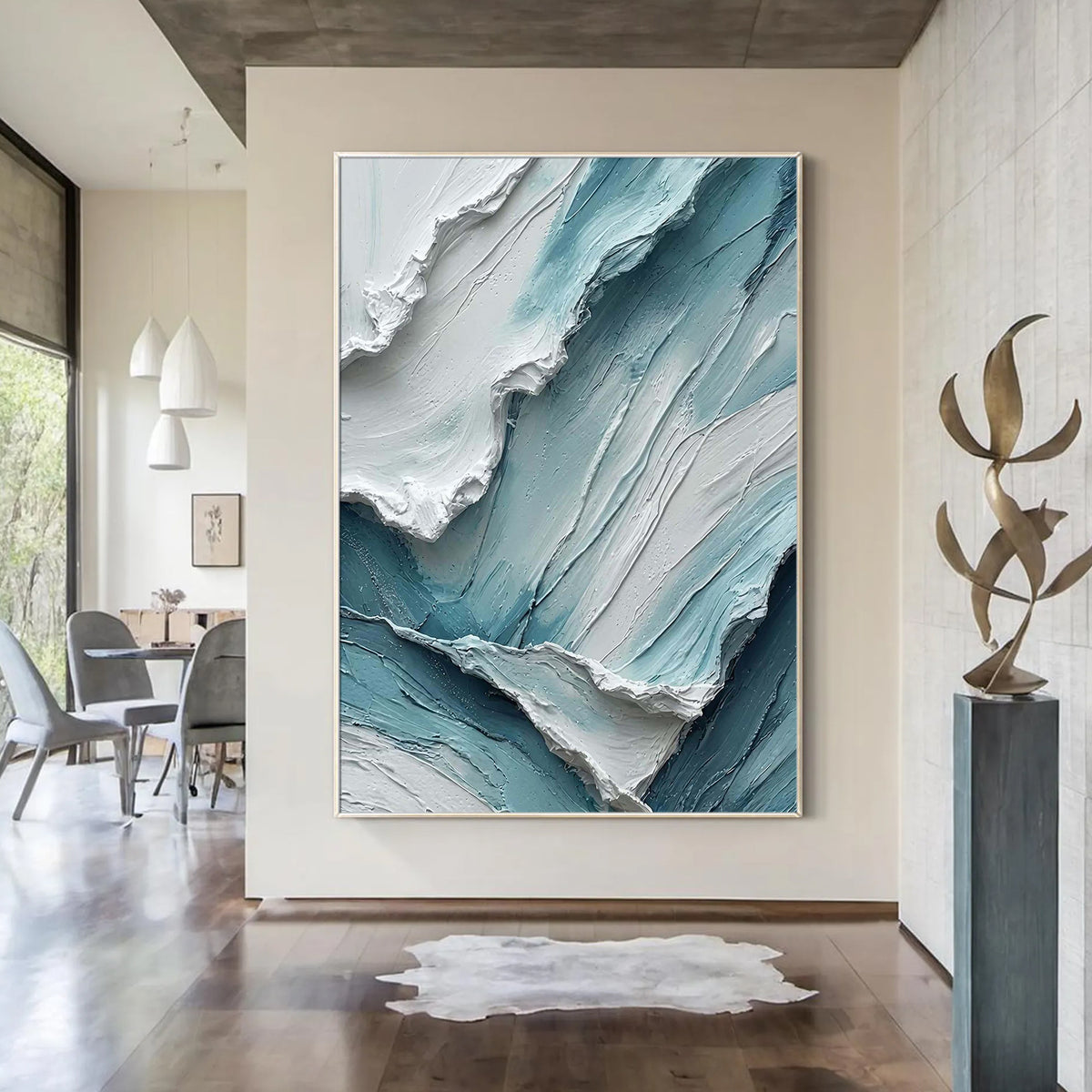 Modern textured teal blue painting with three-dimensional wave-like patterns.