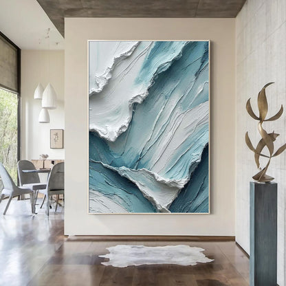 Modern textured teal blue painting with three-dimensional wave-like patterns.