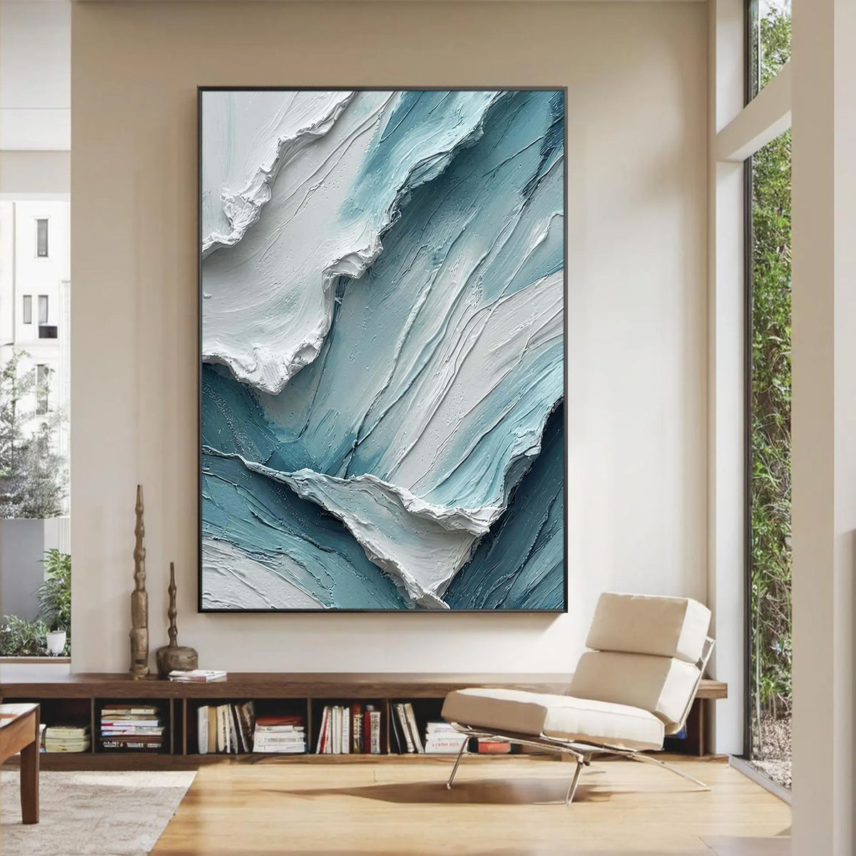 Modern textured teal blue painting with three-dimensional wave-like patterns.