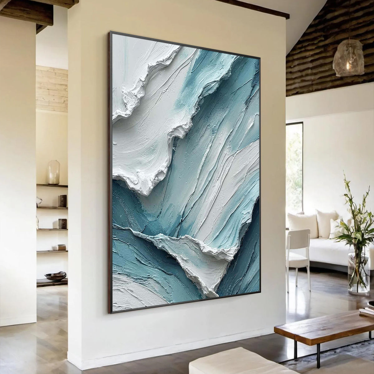 Contemporary blue abstract oil painting with sculptural texture and layered movement.