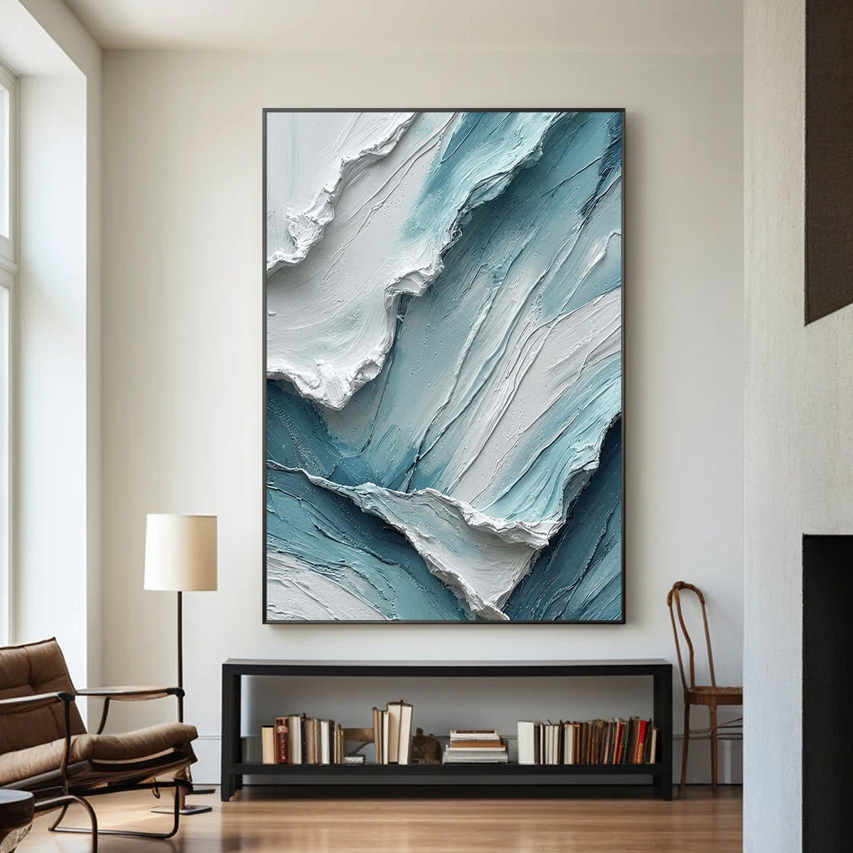 Textured aqua blue canvas artwork for a modern minimalist living room.