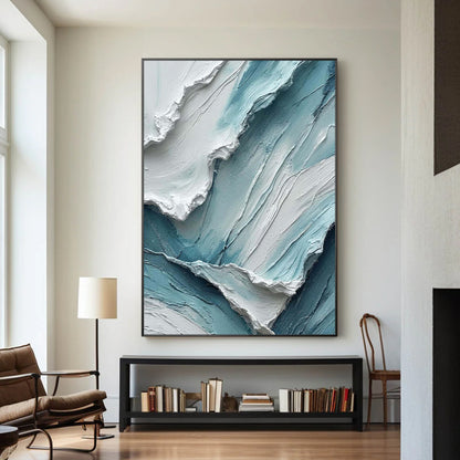 Textured aqua blue canvas artwork for a modern minimalist living room.