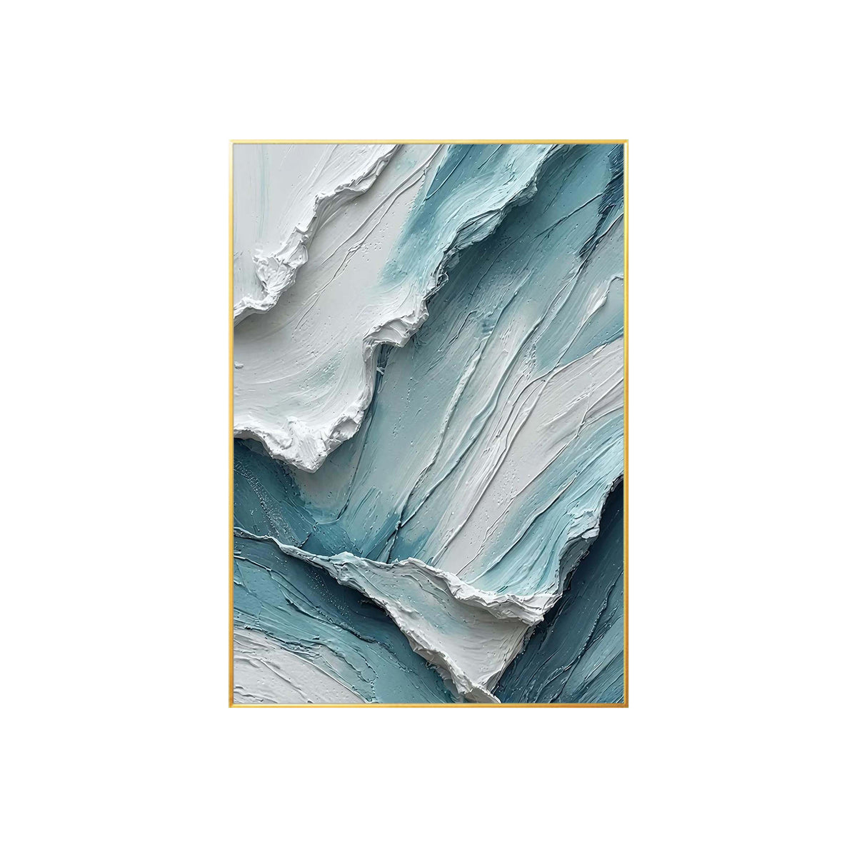 Ocean wave-inspired wall art featuring thick impasto texture and cool blue colors.