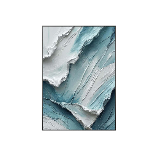 Large abstract teal blue wall art with heavy textured oil painting and layered impasto details.