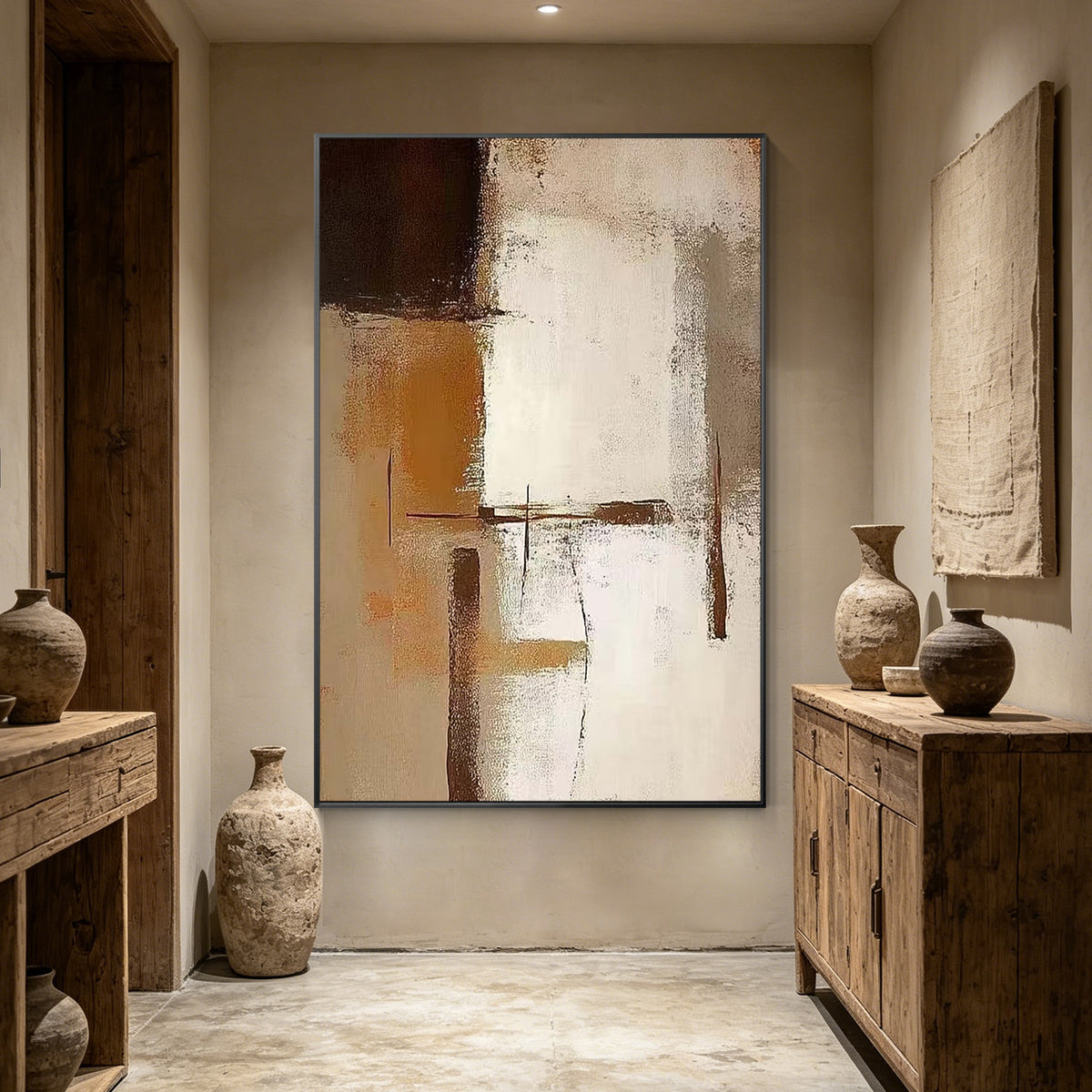 Large light brown textured abstract canvas painting