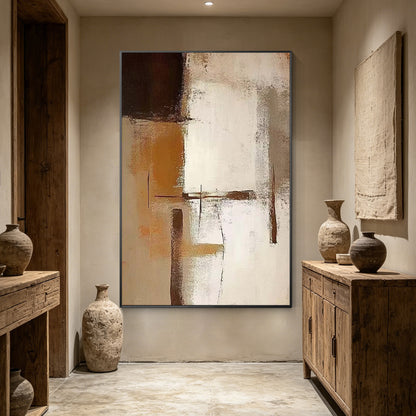 Large light brown textured abstract canvas painting