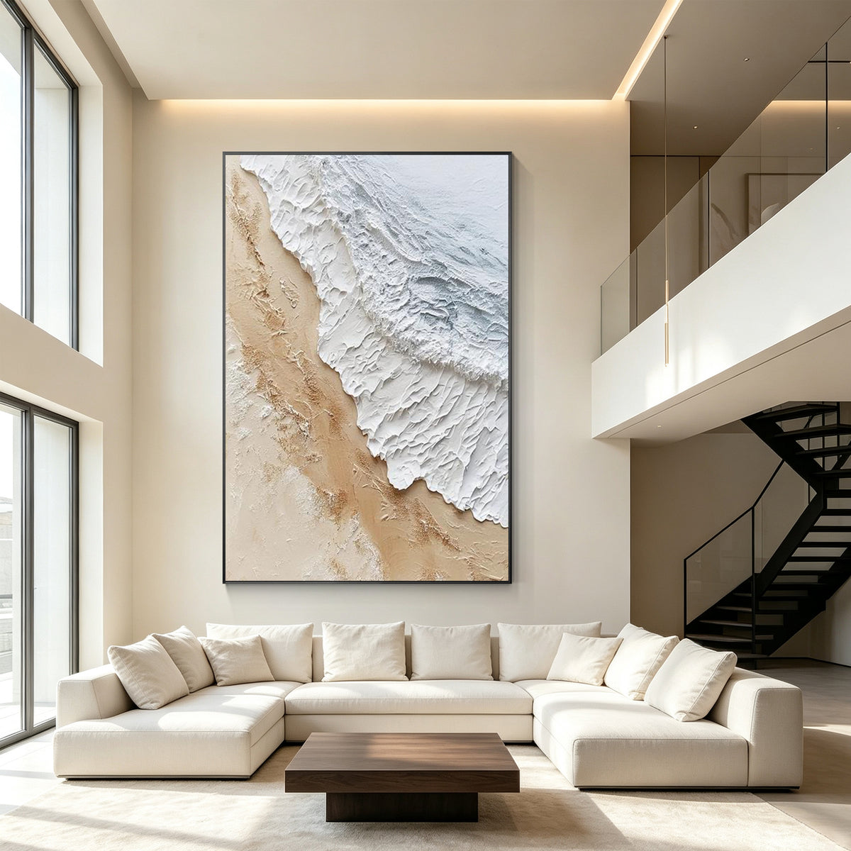 Contemporary coastal canvas painting with layered palette knife textures and neutral colors