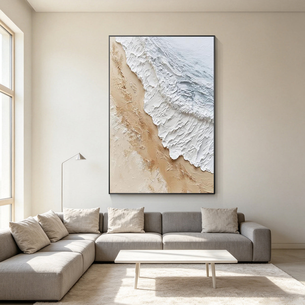 Neutral beach canvas art featuring thick textured white waves and soft beige shoreline details.