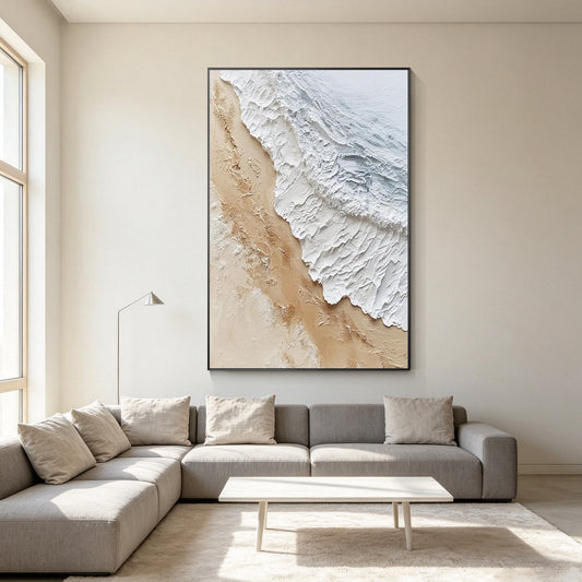 Neutral beach canvas art featuring thick textured white waves and soft beige shoreline details.