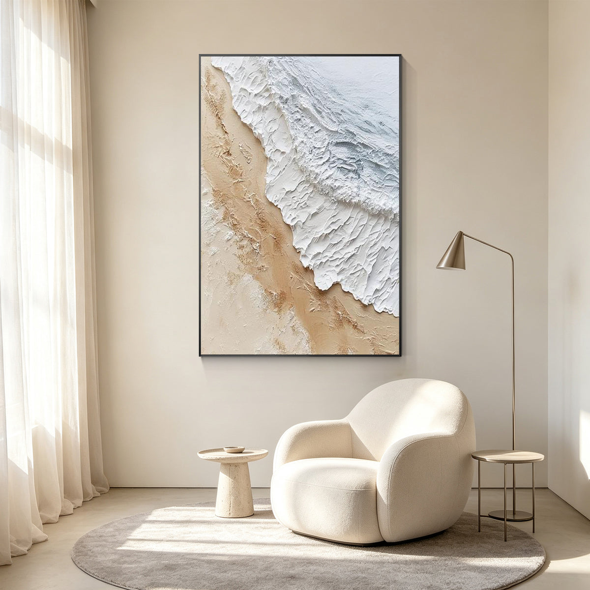Beige and white abstract beach wall art for a Japandi-style dining room.