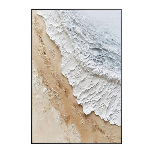 Large beige textured ocean wall art with abstract coastal waves and sandy beach tones for a modern living room.