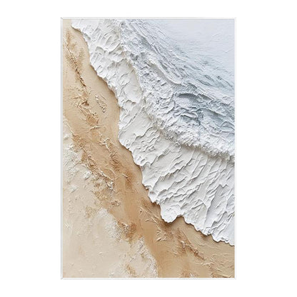 Minimalist ocean-inspired wall decor combining textured waves and soft sandy hues.