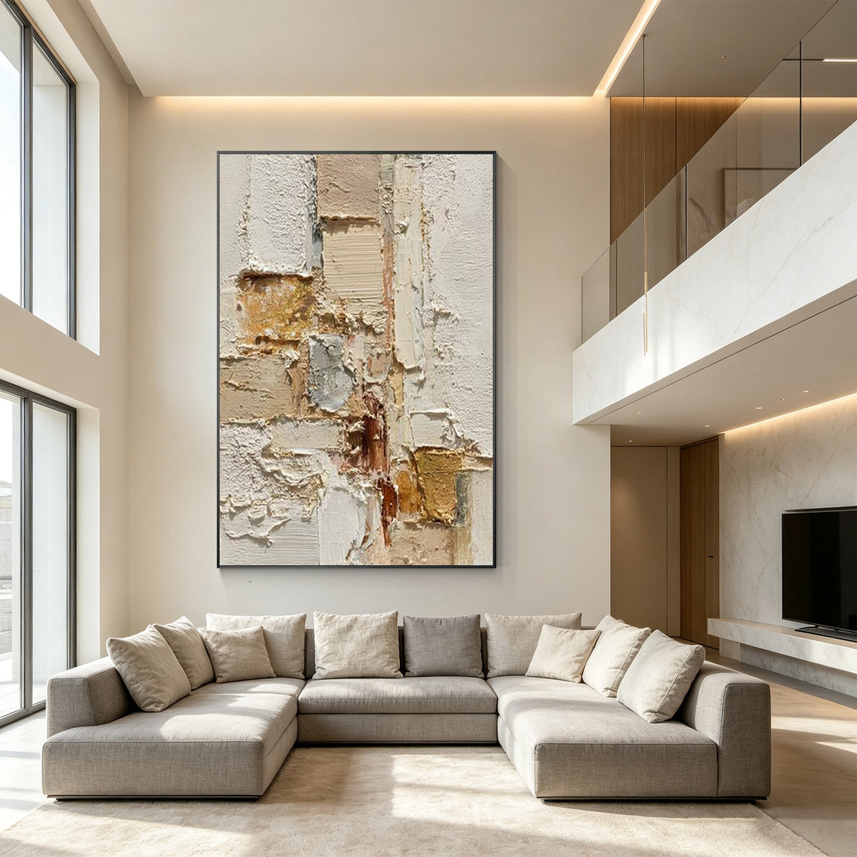 Wabi-Sabi inspired beige abstract artwork with raised impasto texture
