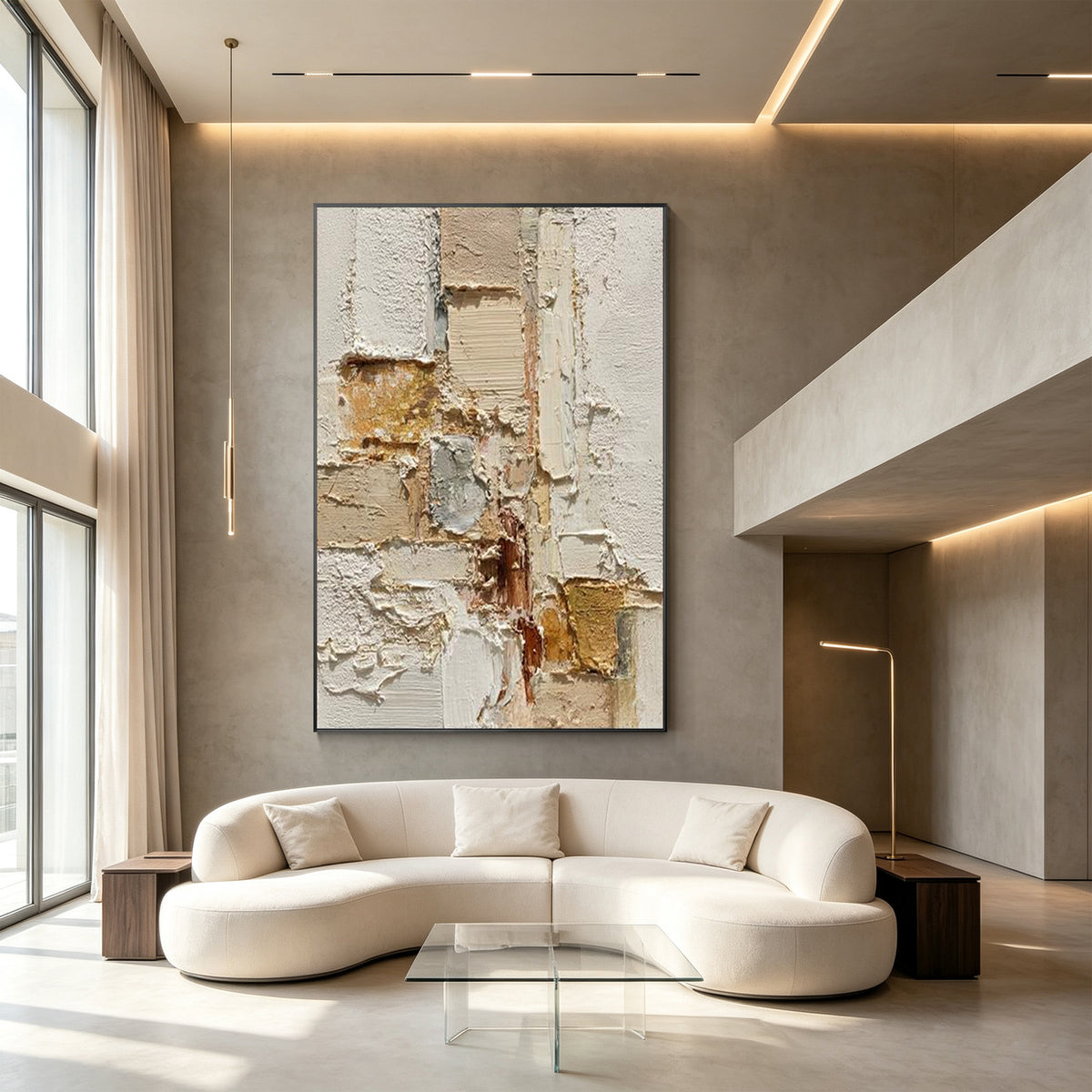 Large neutral abstract painting in beige, ivory and warm earth tones