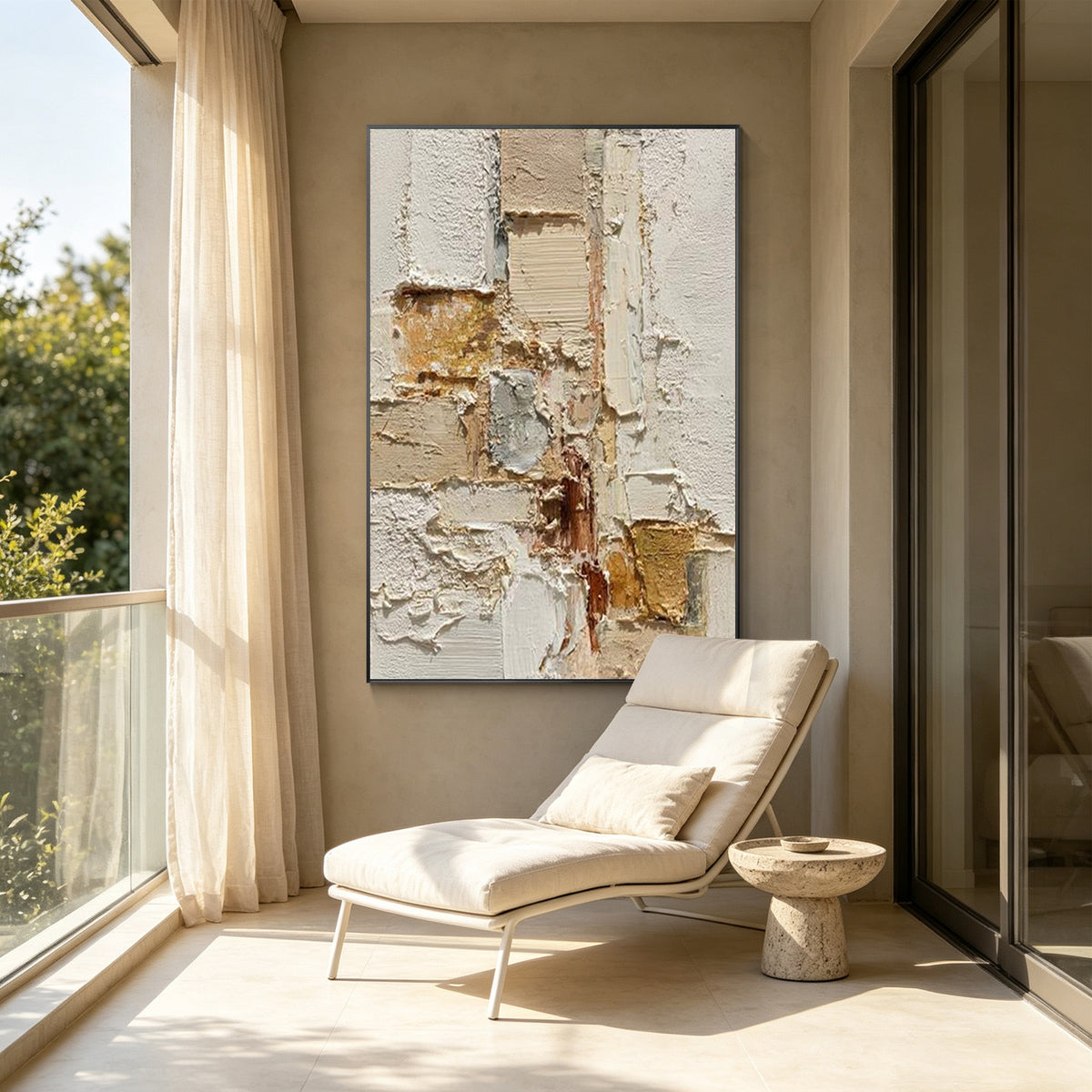 Organic modern textured wall art displayed in a minimalist living room
Hand-painted neutral abstract canvas with cream, taupe and earthy brown tones