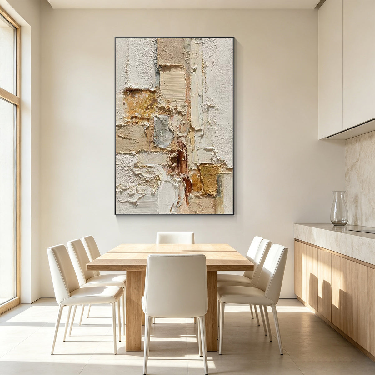 Textured minimalist wall painting above a modern lounge chair