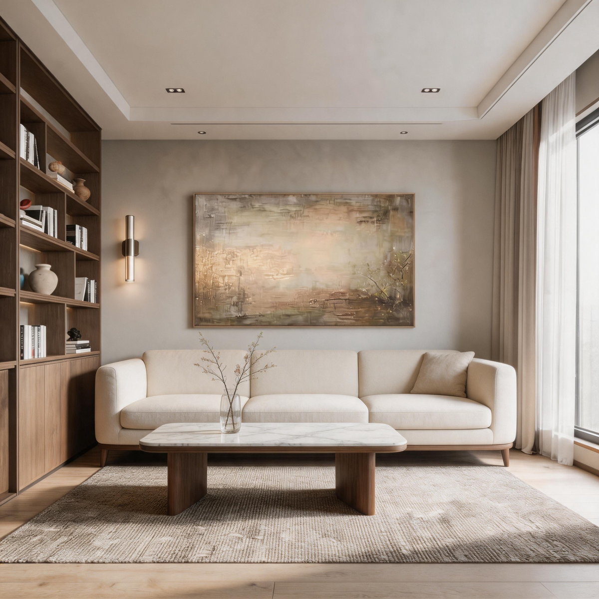 Textured beige abstract painting for Japandi interior design