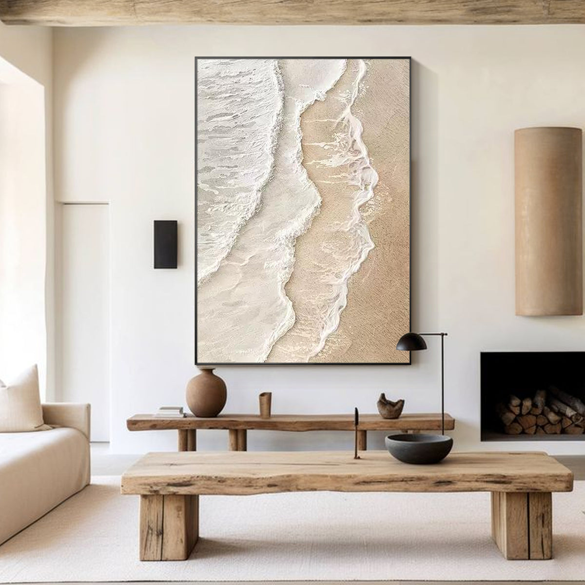 Modern coastal wall decor inspired by ocean waves and sandy beach