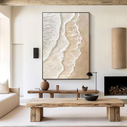 Modern coastal wall decor inspired by ocean waves and sandy beach