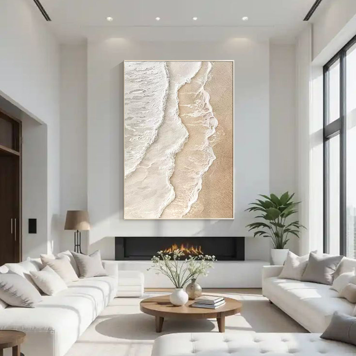 Modern beige seascape wall art for minimalist living room decor