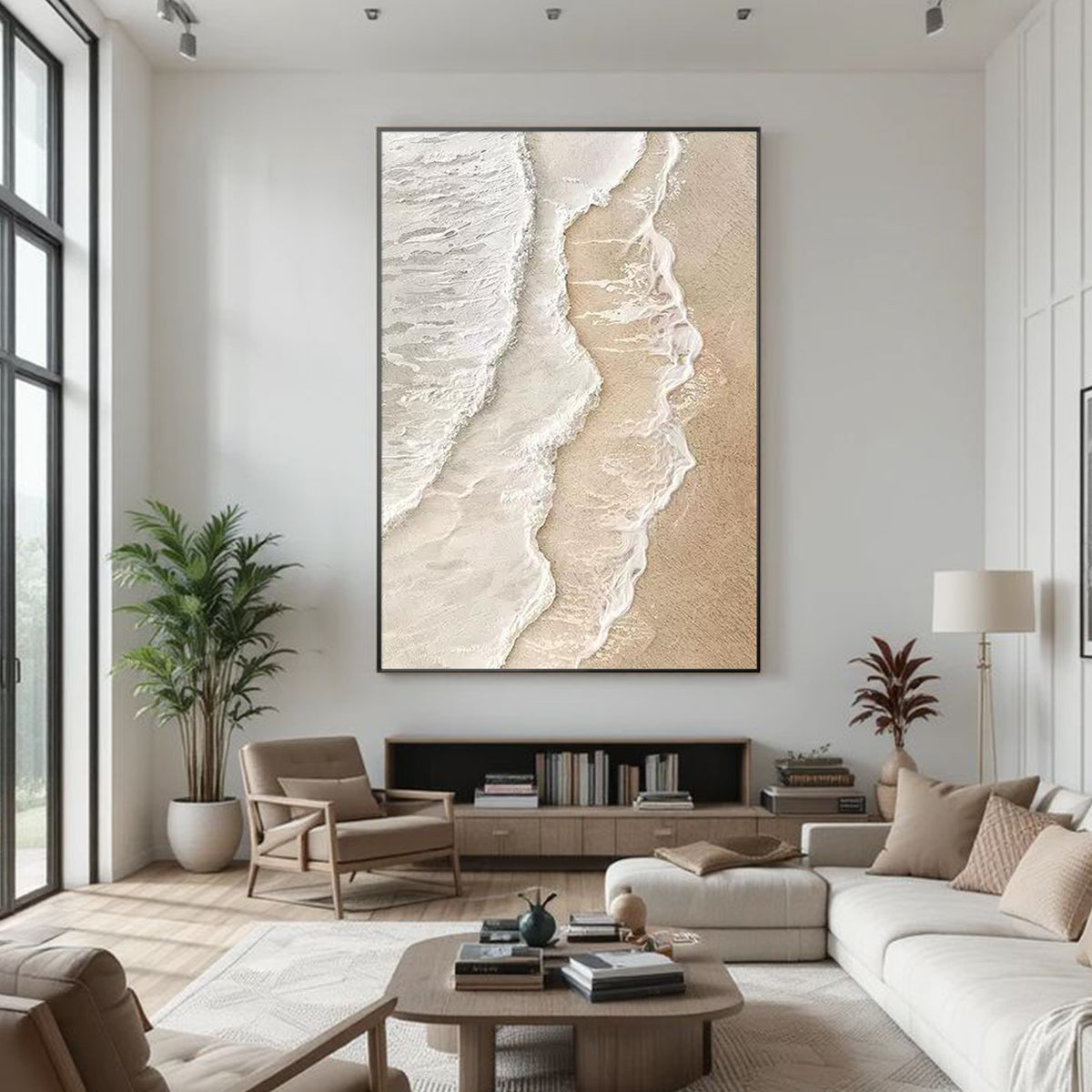 Neutral coastal canvas art featuring an aerial ocean wave design