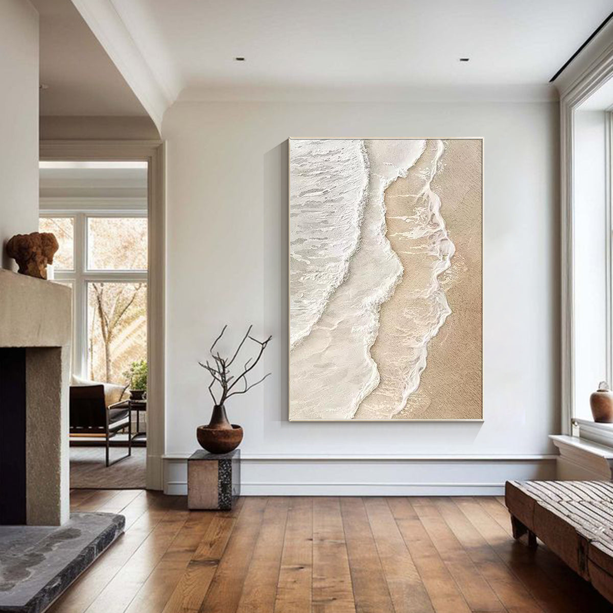 Textured coastal wall art with soft beige and white ocean tones