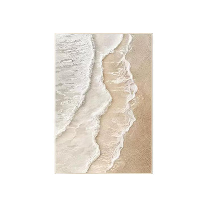 Minimalist beach wall art with beige sand and white waves