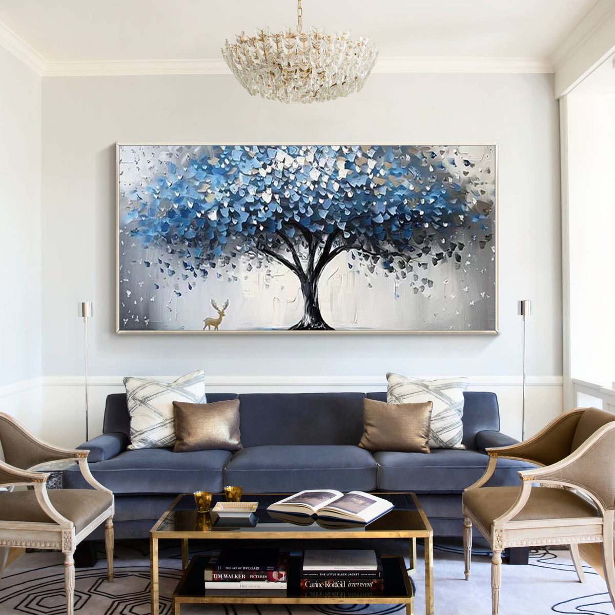 Textured landscape artwork featuring a blooming blue tree