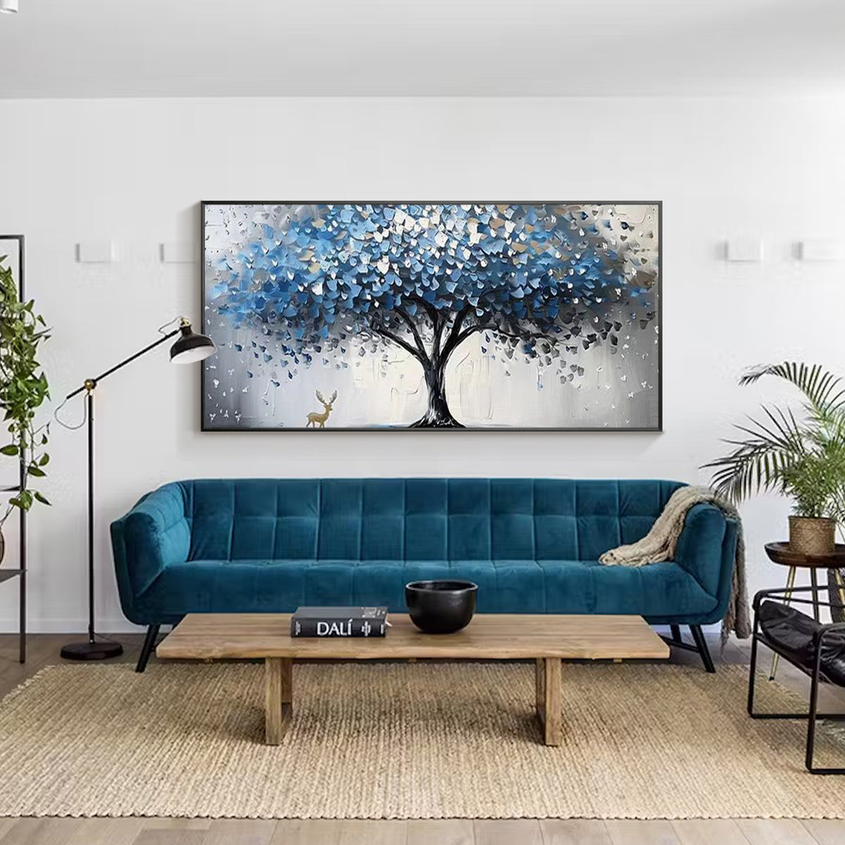 Large abstract blue tree wall art with modern home decor style