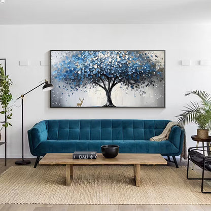 Large abstract blue tree wall art with modern home decor style