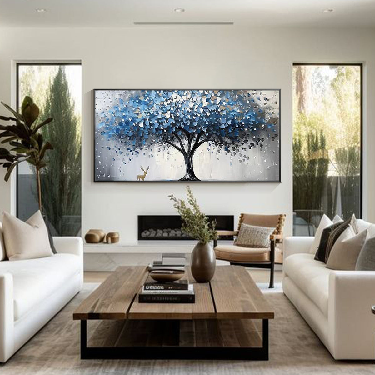 Contemporary nature canvas painting with blue leaves and texture