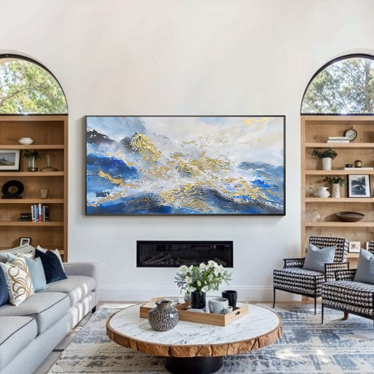 Large blue gold mountain canvas wall art for living room decoration
