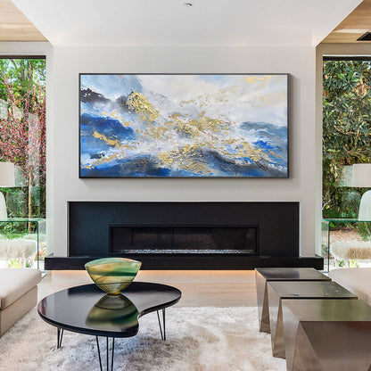 Luxury mountain wall decor with blue white and gold colors