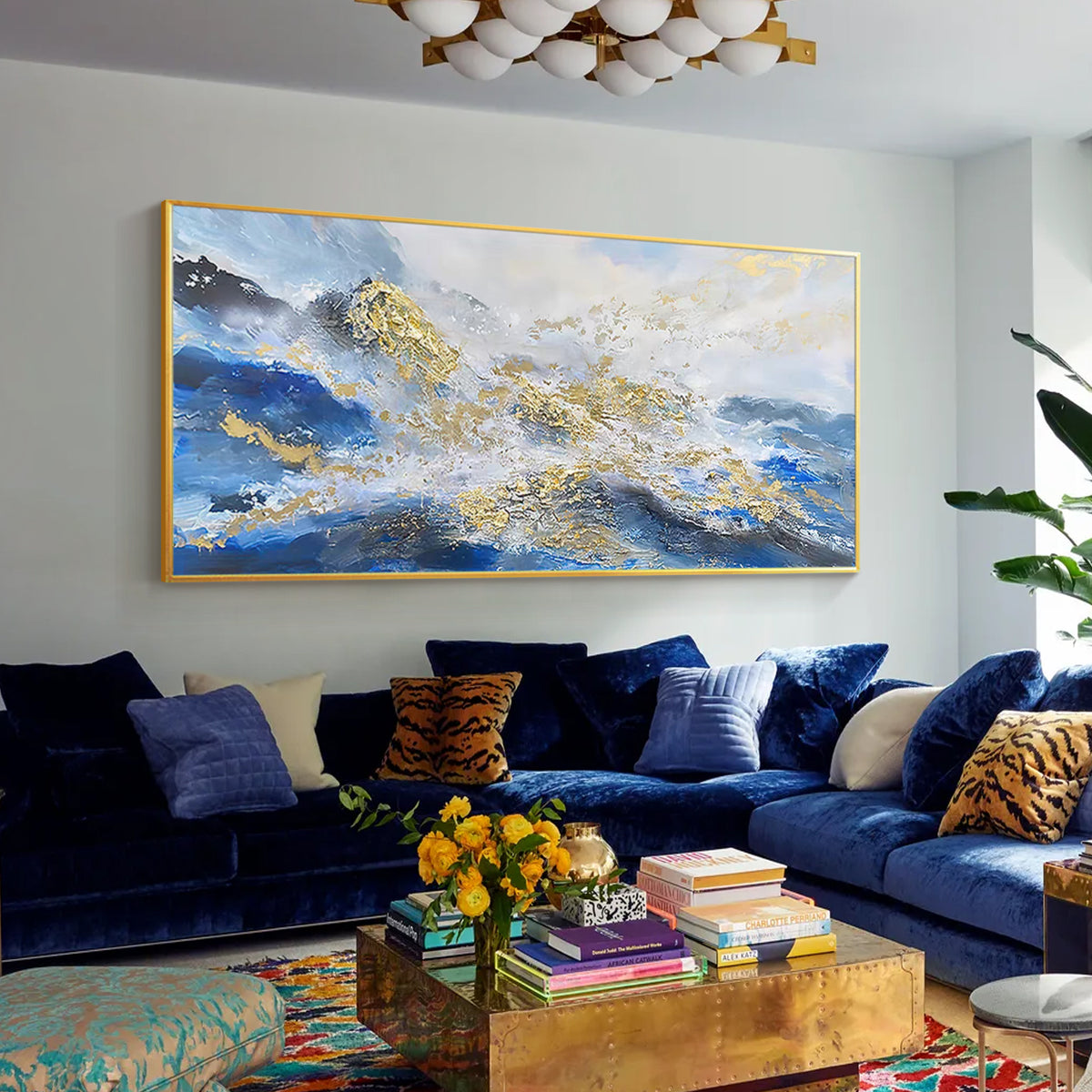 Blue gold mountain wall art with abstract landscape texture