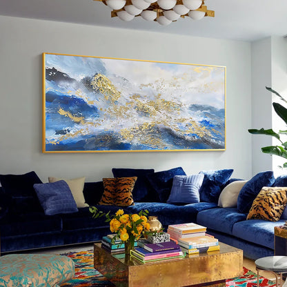Blue gold mountain wall art with abstract landscape texture