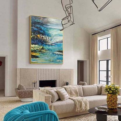 modern nature theme canvas decor in blue and yellow tones