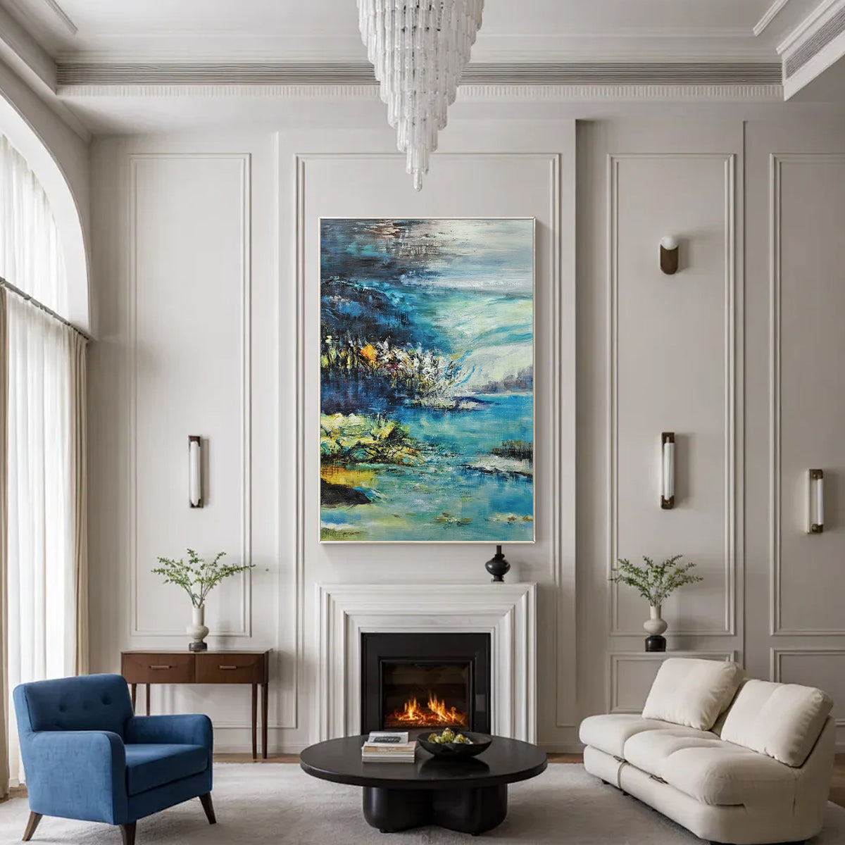 large abstract lake wall art for living room in teal blue