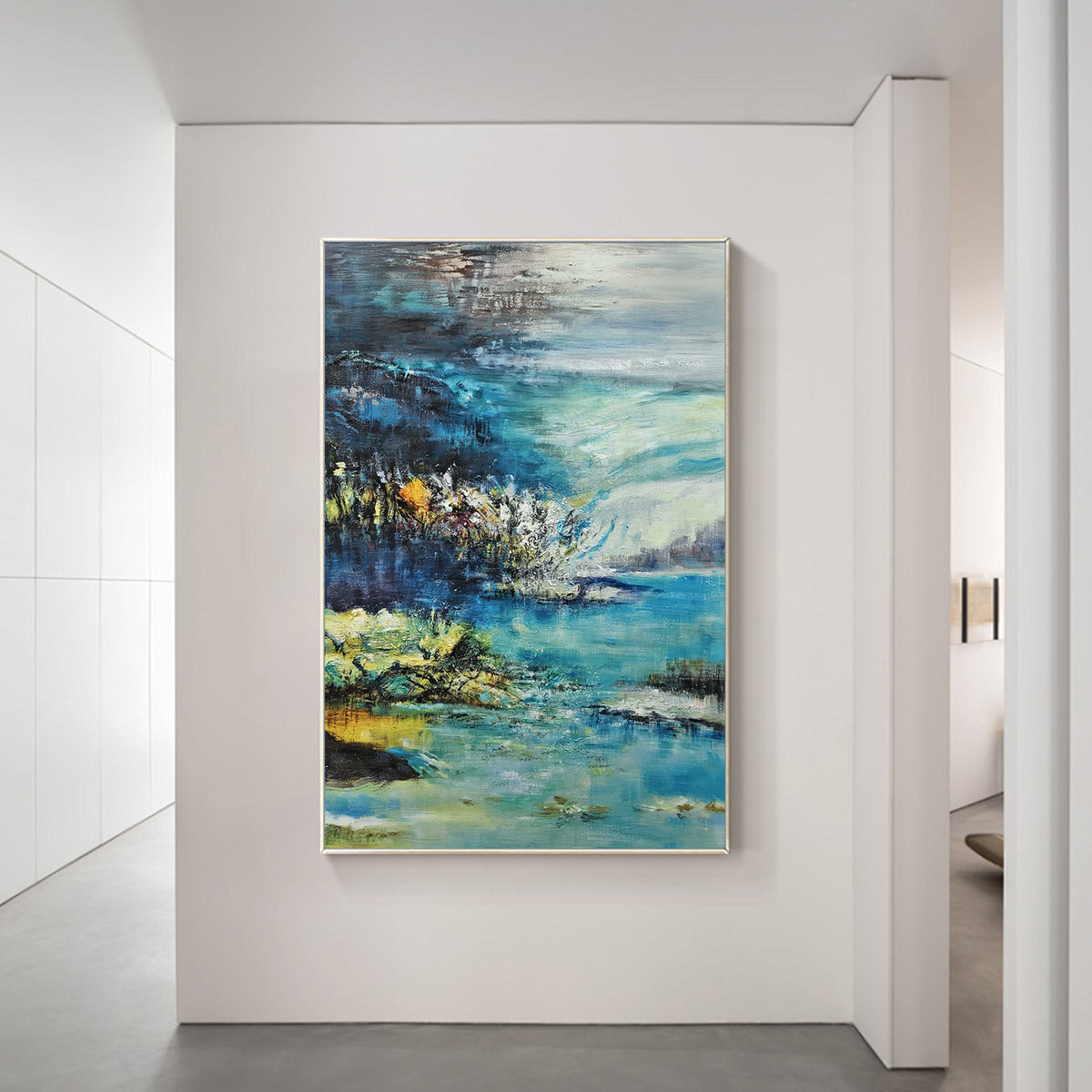 serene lake landscape painting with water reflections in teal and gold