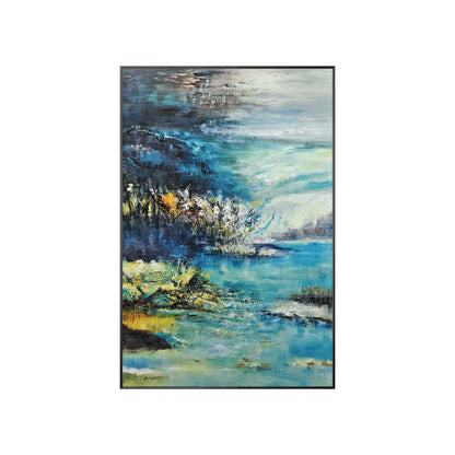 peaceful lake abstract painting with warm yellow and cool blue tones