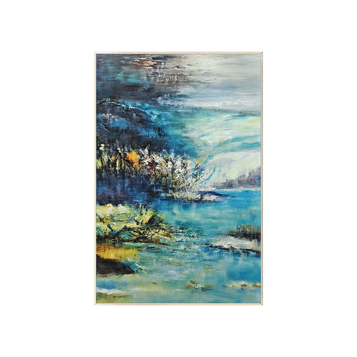 blue yellow tranquil lake abstract canvas wall art