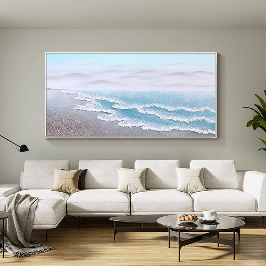 Hand-painted abstract blue gray ocean wall art with rich texture. Large coastal canvas painting for modern, Japandi, Scandinavian and beach house living room decor.