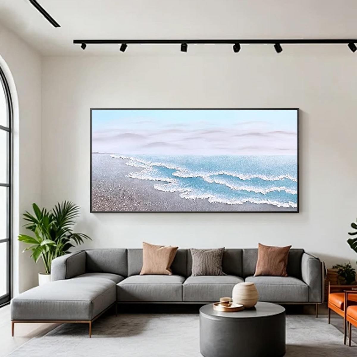 Hand painted blue gray seascape artwork on gallery wrapped canvas