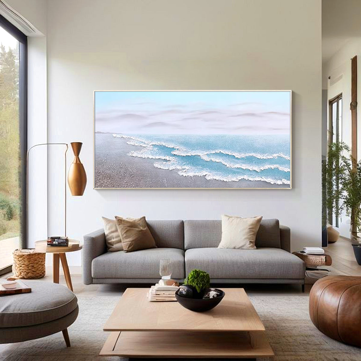 Hand painted blue gray seascape artwork on gallery wrapped canvas