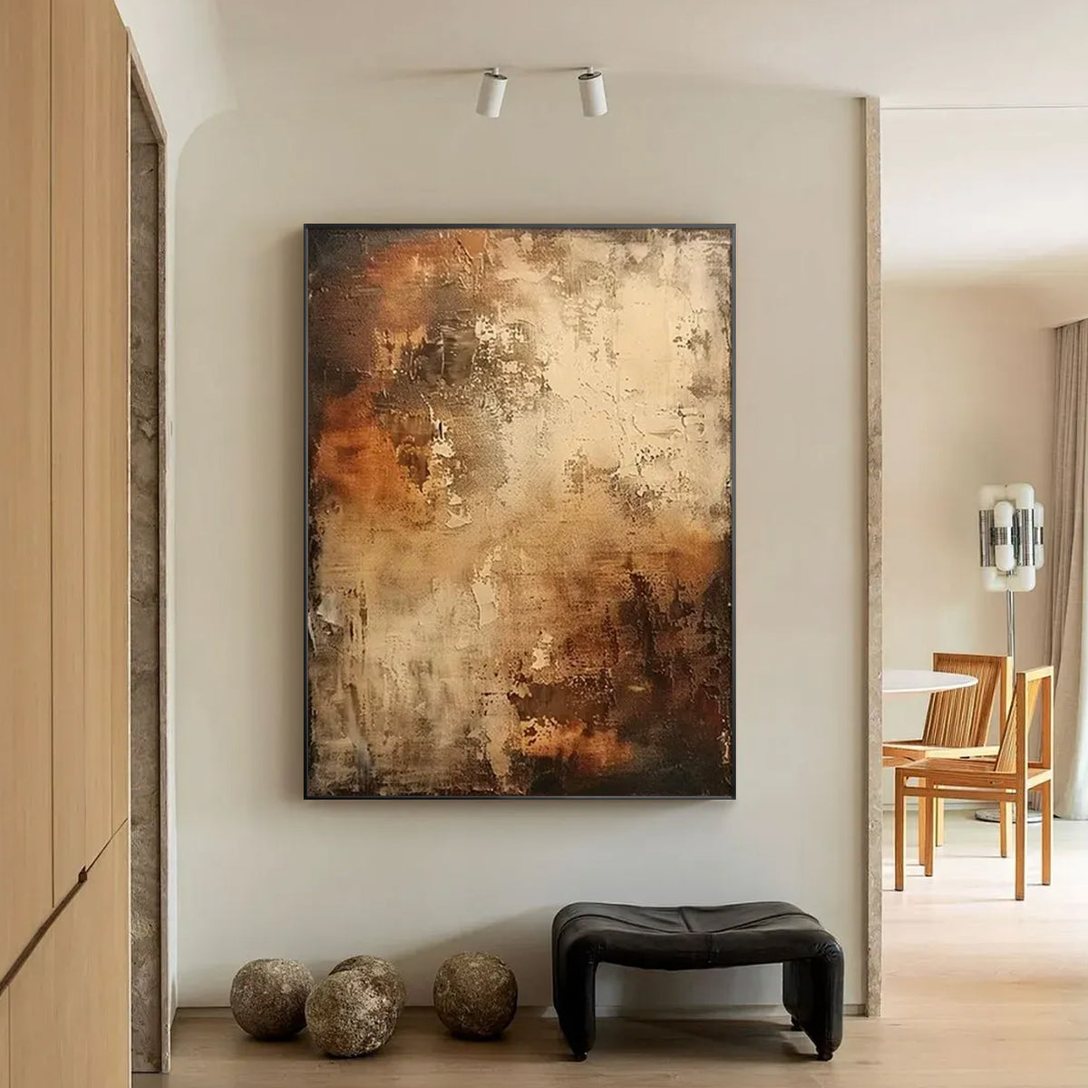 Luxury brown abstract painting above modern living room sofa