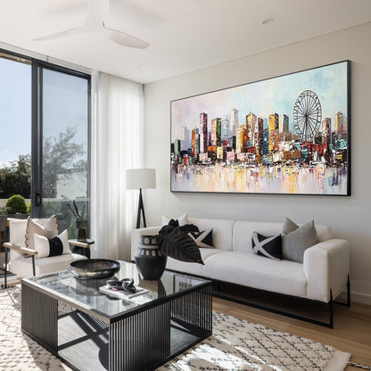 Vibrant urban buildings canvas artwork for living room wall