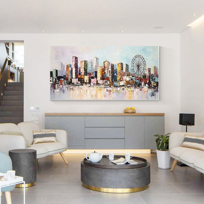 Modern architectural wall art featuring colorful city landscape