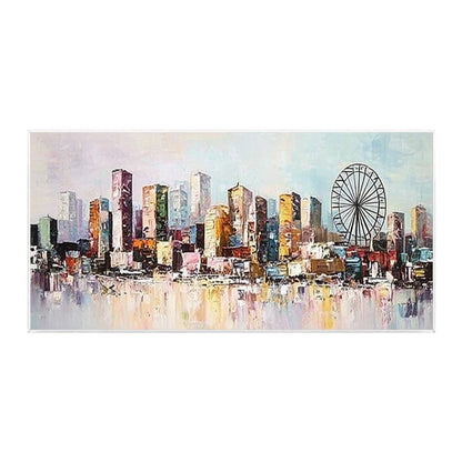 Contemporary city canvas artwork with vibrant architectural details